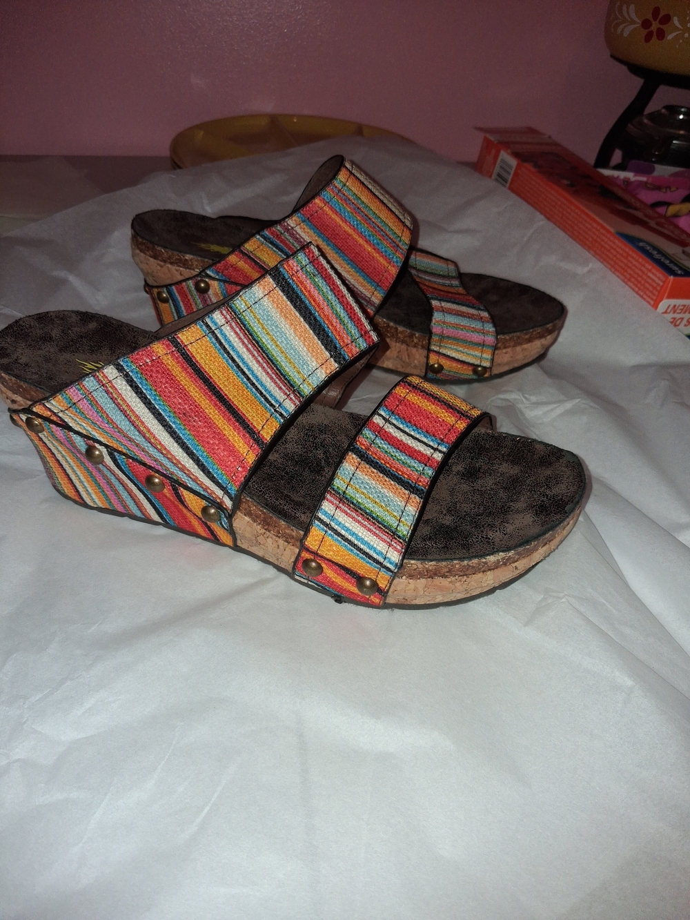Volatile Multi-Color Striped Cork Wedge Sandals – Boho Studded Platform Slides